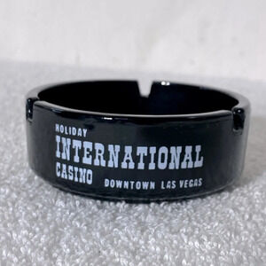 Vintage Holiday  International Casino Black Glass Ashtray Trinket Dish